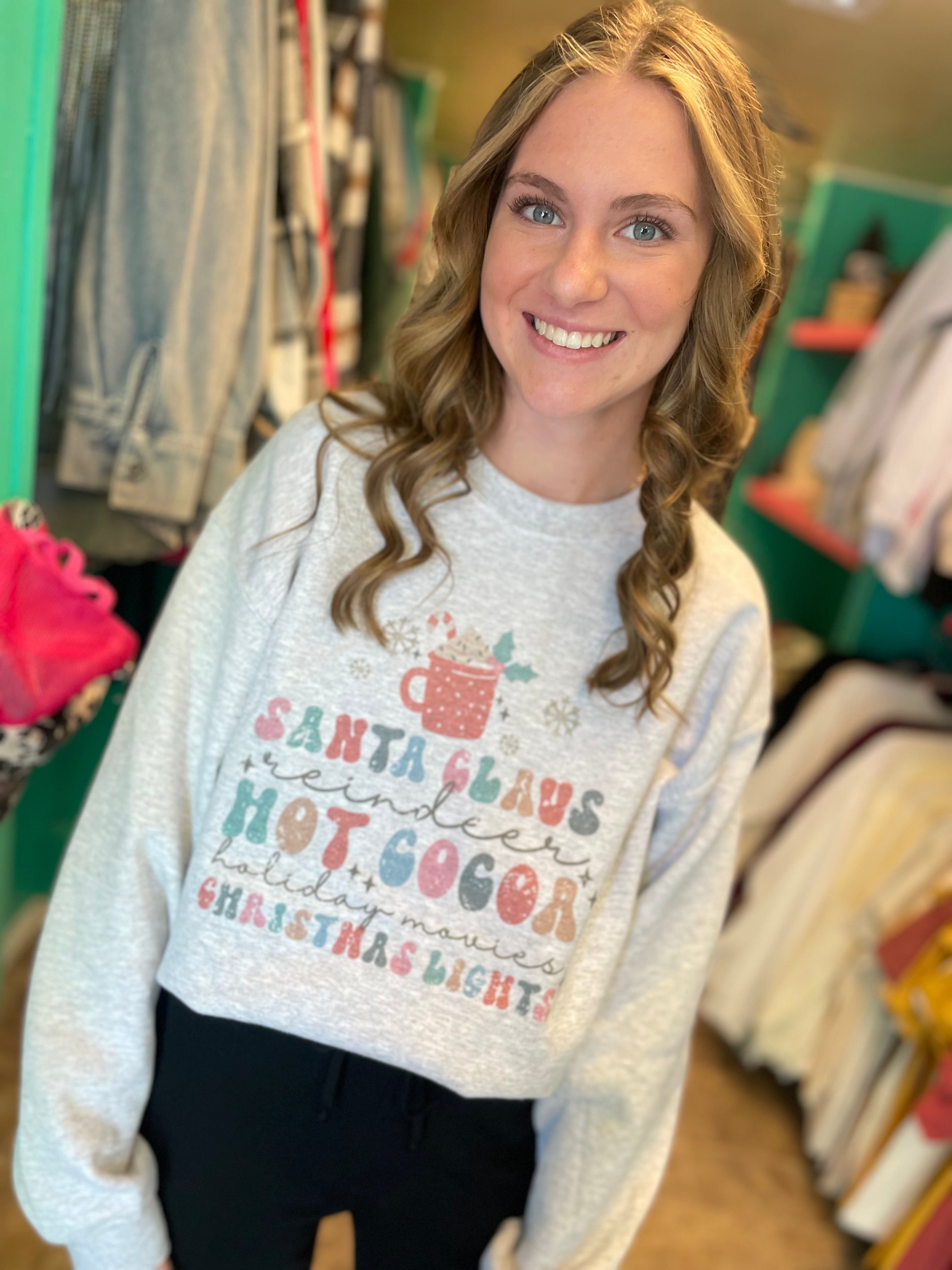 Santa Claus + Reindeer +Hot Cocoa + Holiday Movies + Christmas Lights Sweatshirt