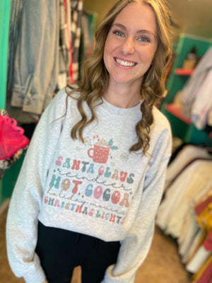 Santa Claus + Reindeer +Hot Cocoa + Holiday Movies + Christmas Lights Sweatshirt