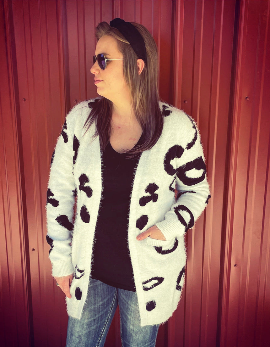 Fuzzy Snow Leopard Cardigan